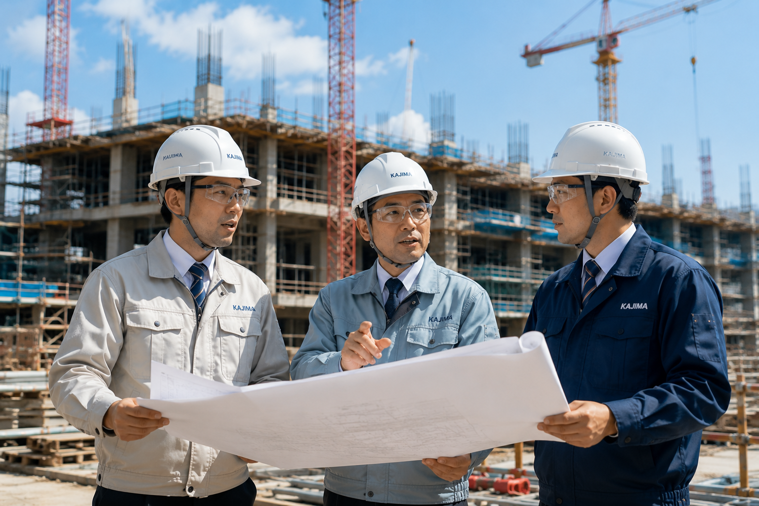 Construction teamwork at busy site