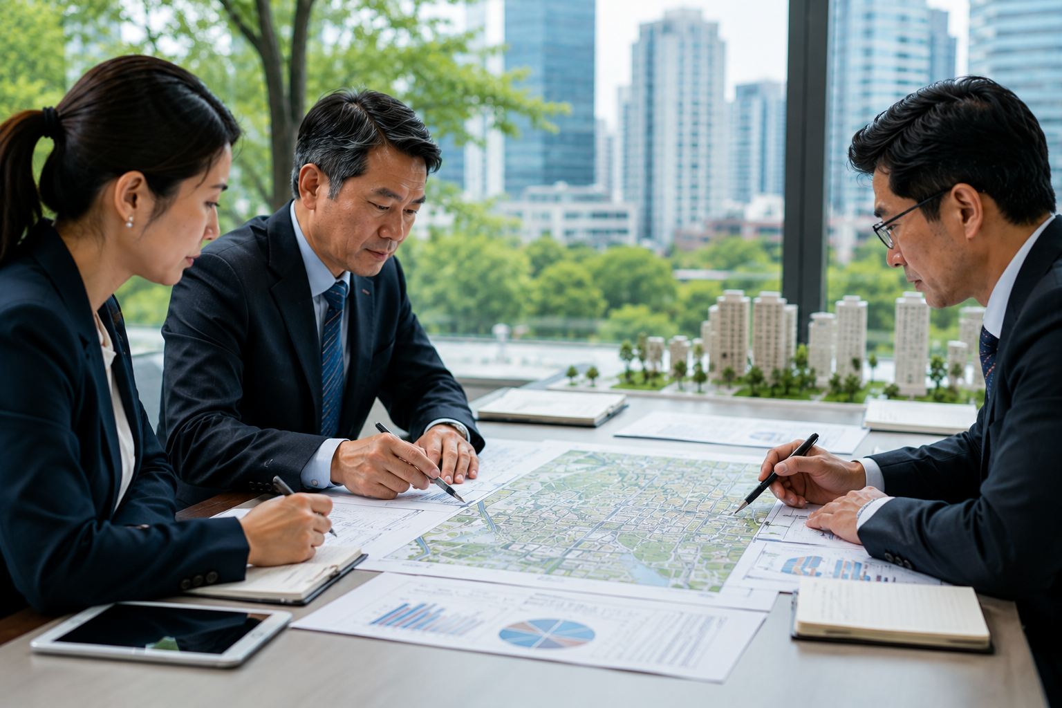 Urban planning meeting with city view
